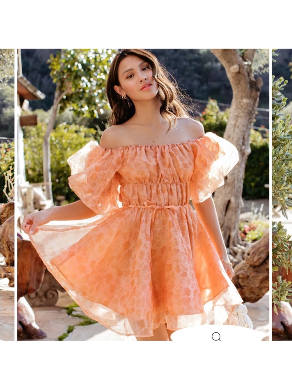 Off-Shoulder Puff Sleeve Mini Dress in Peach Large 6 0586